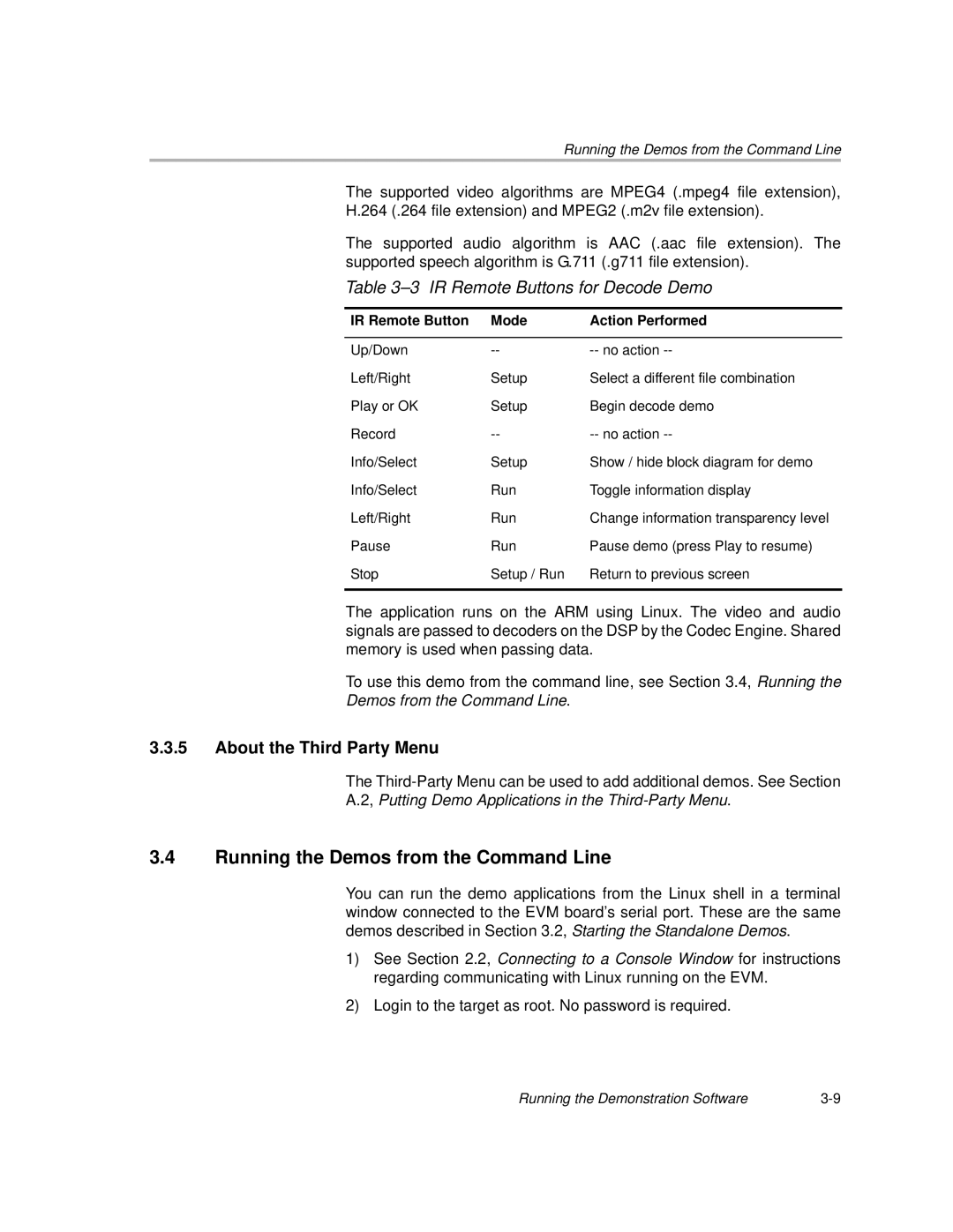 Texas Instruments TMS320DM6446 DVEVM v2.0 manual Running the Demos from the Command Line, About the Third Party Menu 