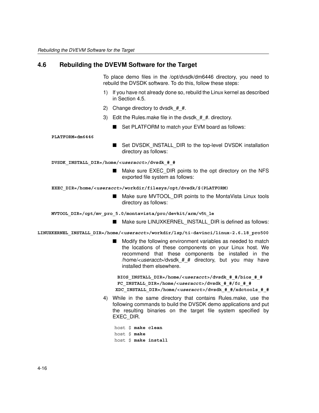 Texas Instruments TMS320DM6446 DVEVM v2.0 manual Rebuilding the Dvevm Software for the Target 