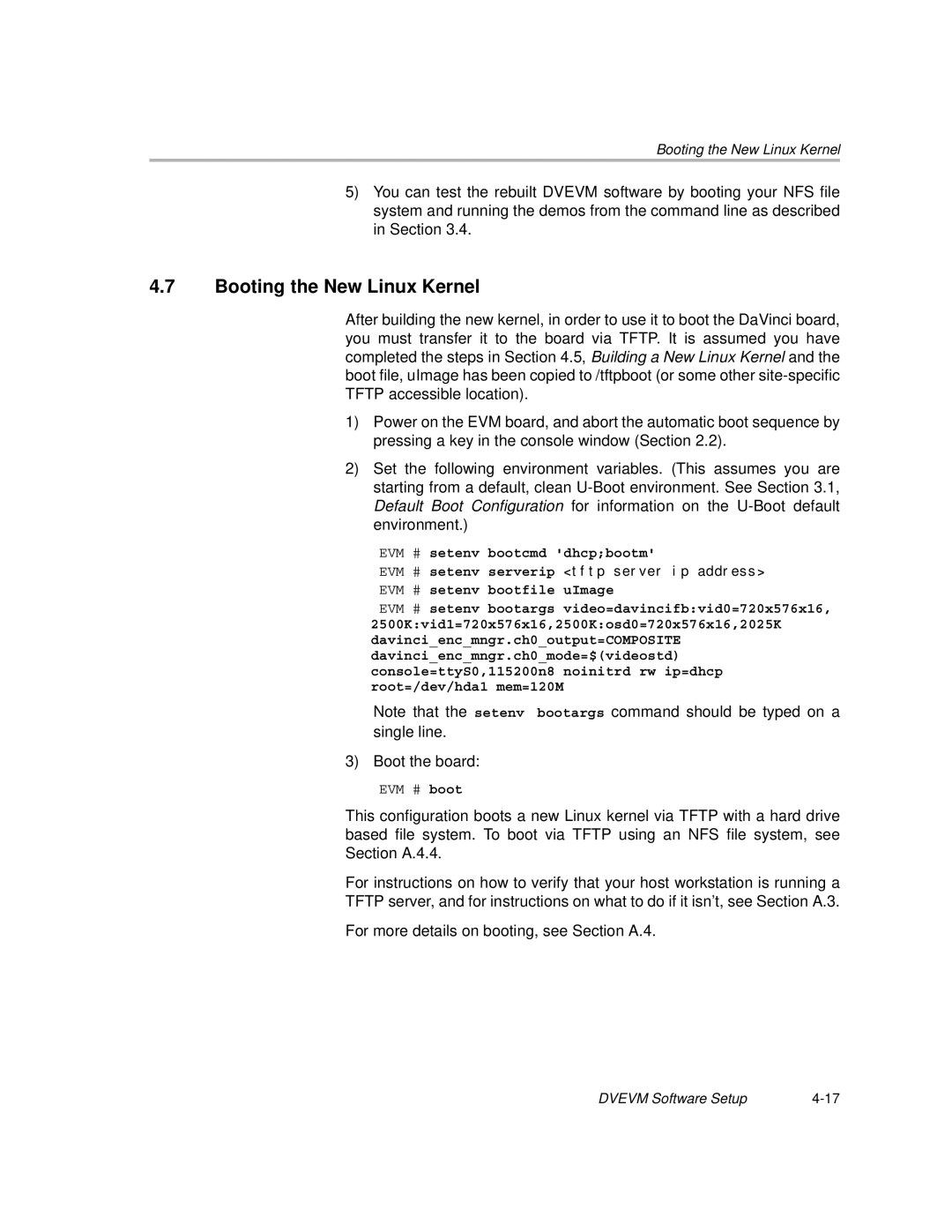 Texas Instruments TMS320DM6446 DVEVM v2.0 manual Booting the New Linux Kernel, EVM # setenv serverip tftp server ip address 