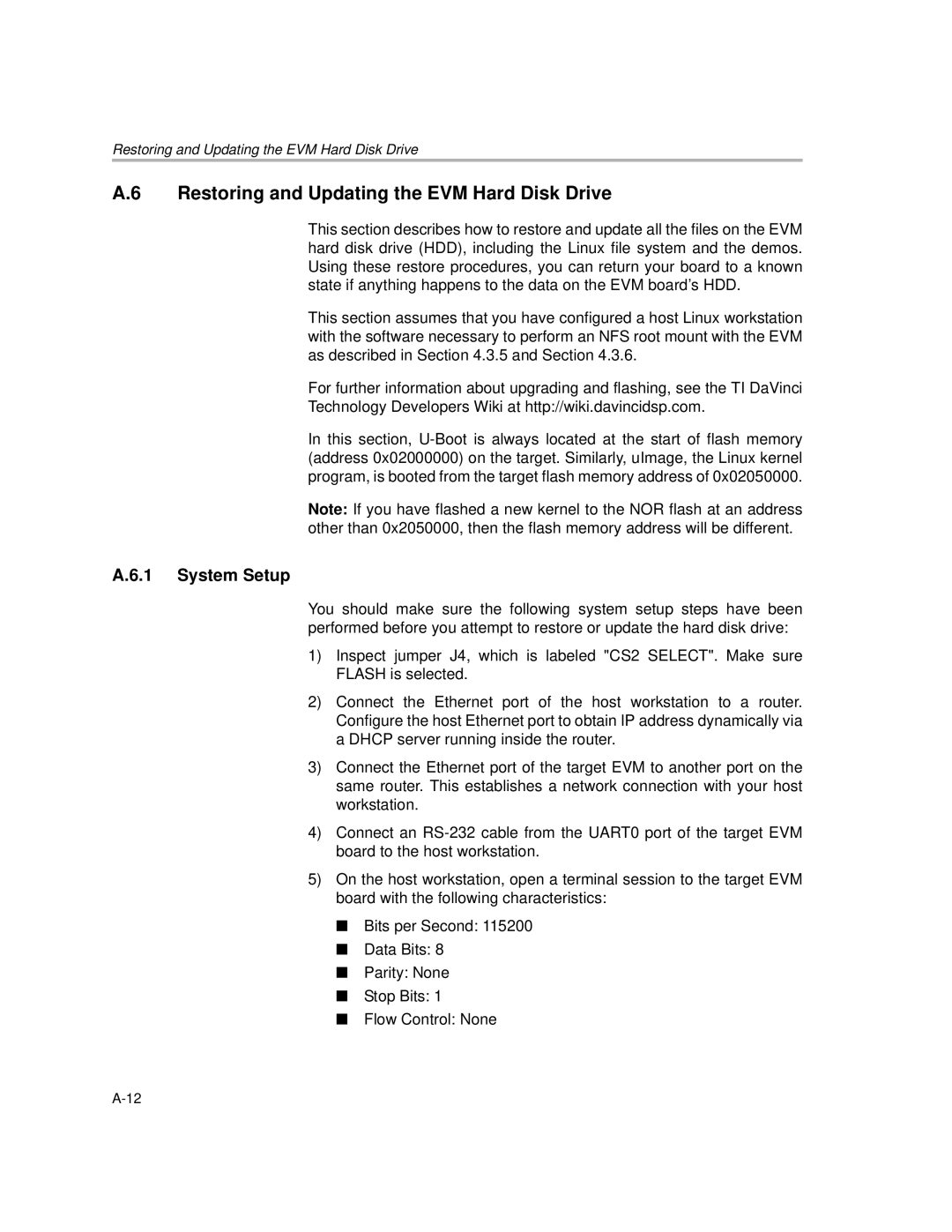 Texas Instruments TMS320DM6446 DVEVM v2.0 manual Restoring and Updating the EVM Hard Disk Drive, System Setup 