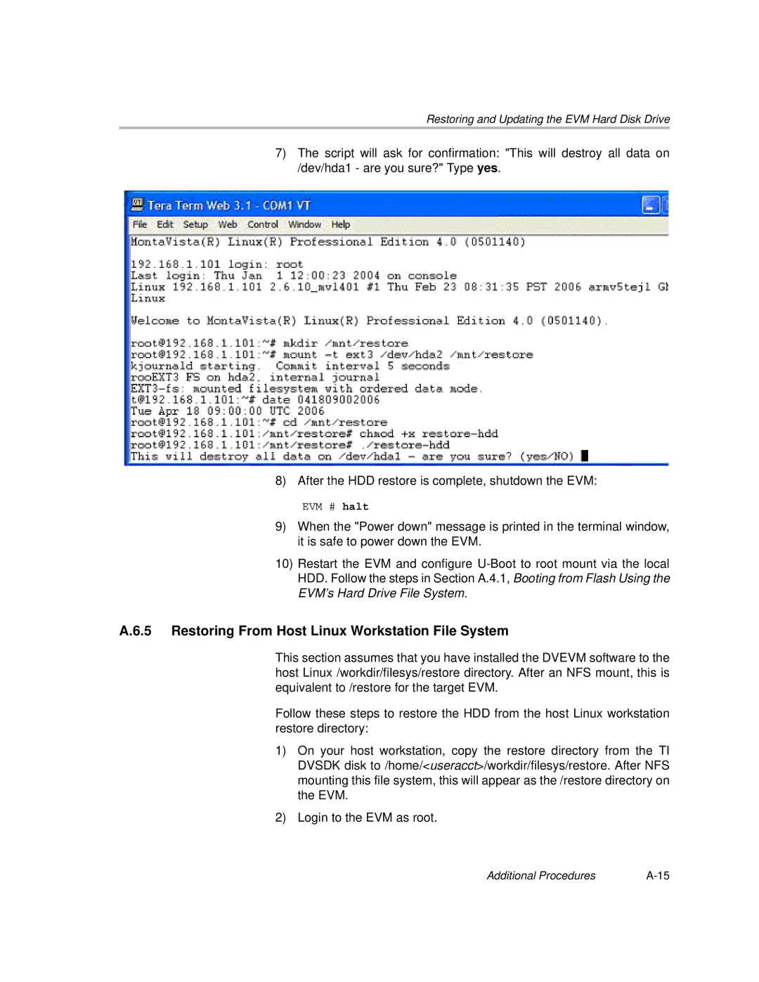 Texas Instruments TMS320DM6446 DVEVM v2.0 manual Restoring From Host Linux Workstation File System 