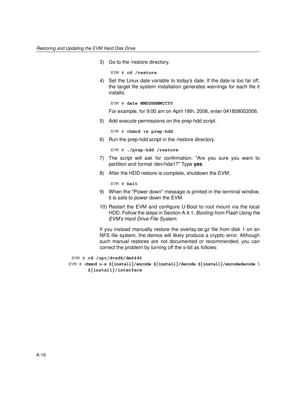 Texas Instruments TMS320DM6446 DVEVM v2.0 manual Go to the /restore directory 