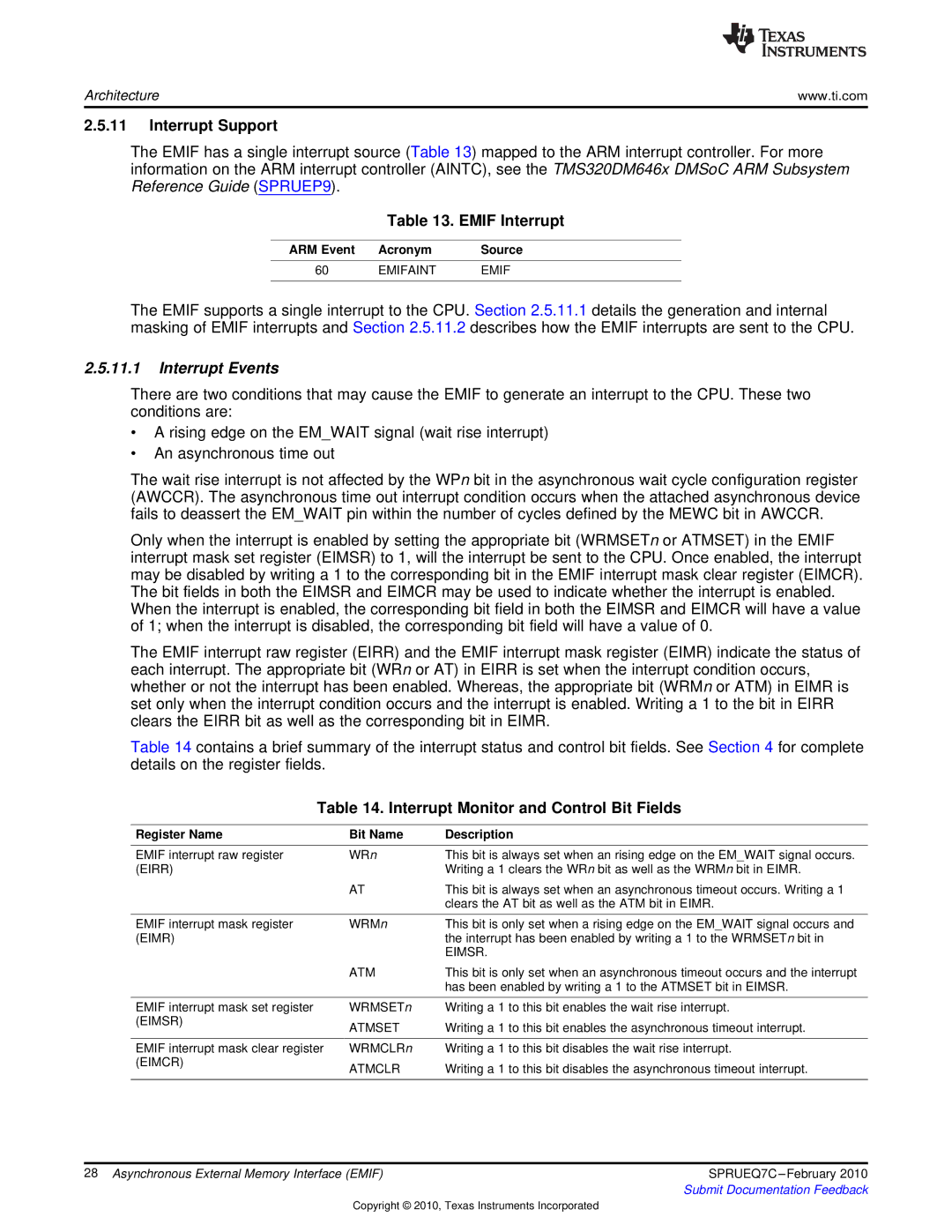 Texas Instruments TMS320DM646X DMSOC manual Interrupt Support, Emif Interrupt, Interrupt Events 