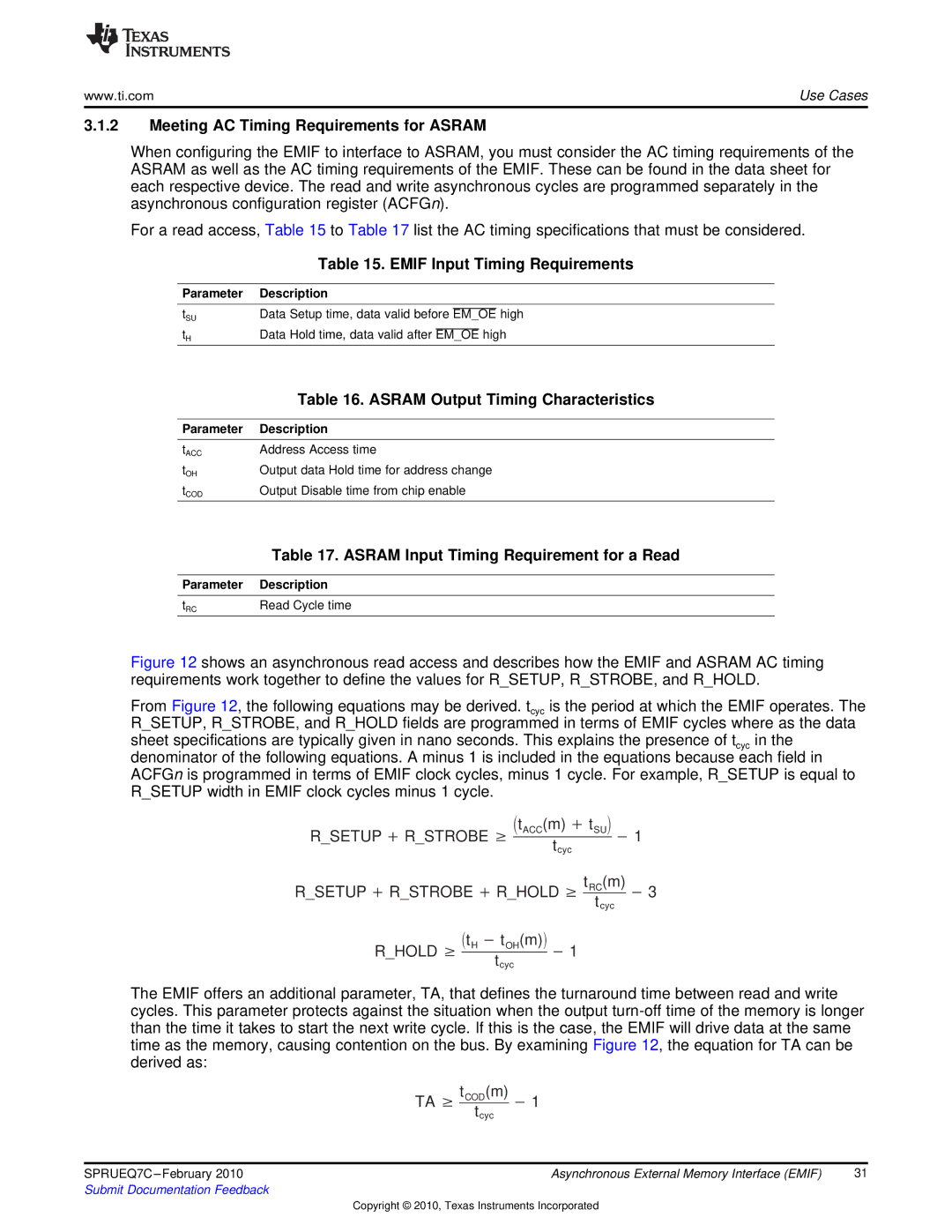 Texas Instruments TMS320DM646X DMSOC manual Meeting AC Timing Requirements for Asram, Emif Input Timing Requirements 