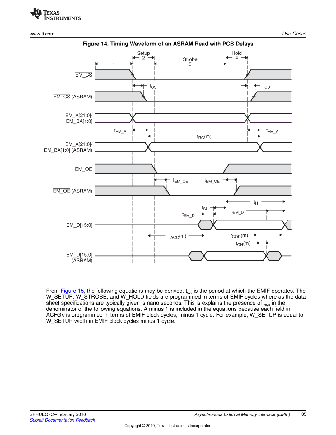 Texas Instruments TMS320DM646X DMSOC manual Timing Waveform of an Asram Read with PCB Delays 