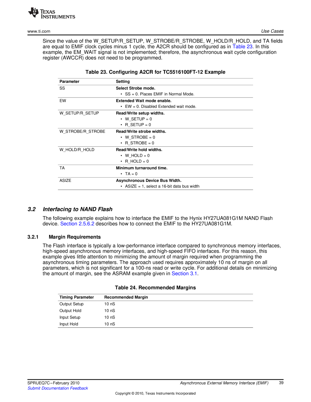 Texas Instruments TMS320DM646X DMSOC manual Interfacing to Nand Flash, Configuring A2CR for TC5516100FT-12 Example 