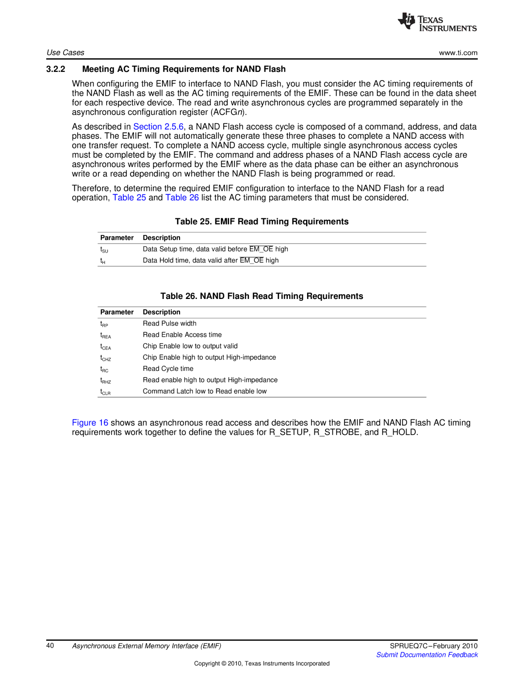 Texas Instruments TMS320DM646X DMSOC manual Meeting AC Timing Requirements for Nand Flash, Emif Read Timing Requirements 