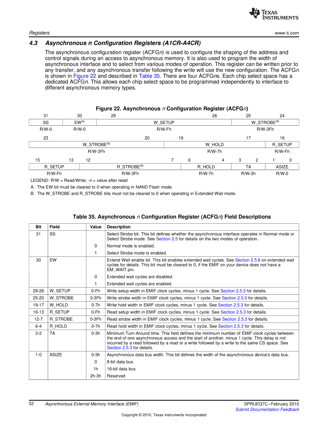 Texas Instruments TMS320DM646X DMSOC manual Asynchronous n Configuration Registers A1CR-A4CR 