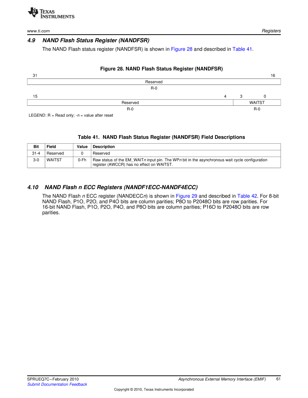 Texas Instruments TMS320DM646X DMSOC Nand Flash Status Register Nandfsr, Nand Flash n ECC Registers NANDF1ECC-NANDF4ECC 