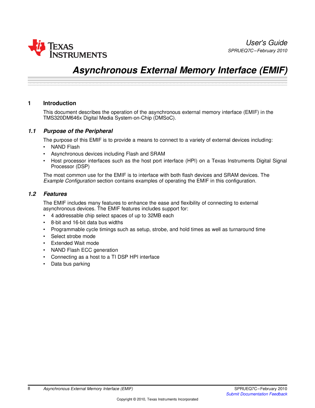 Texas Instruments TMS320DM646X DMSOC manual Purpose of the Peripheral, Features 