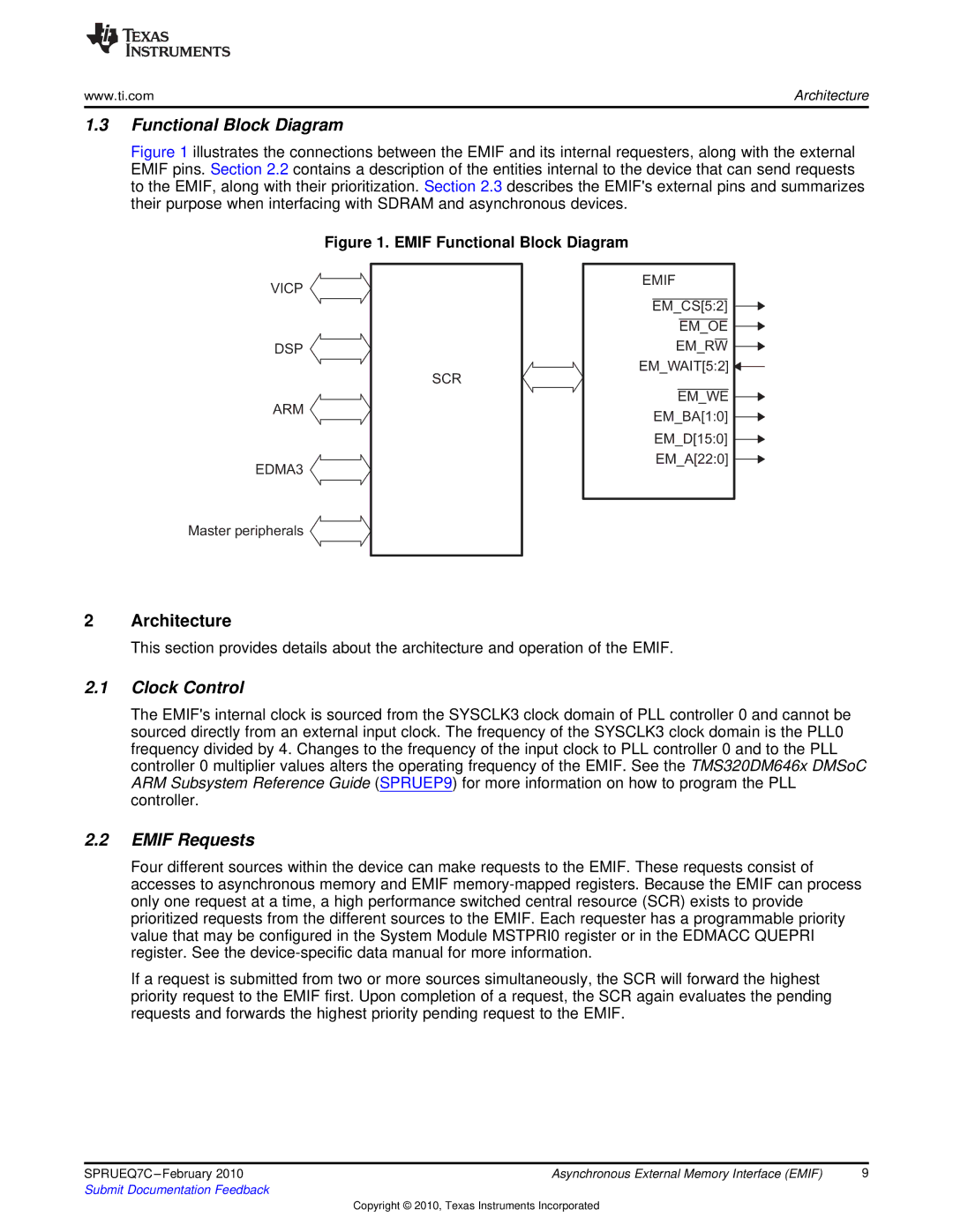 Texas Instruments TMS320DM646X DMSOC manual Functional Block Diagram, Clock Control, Emif Requests 