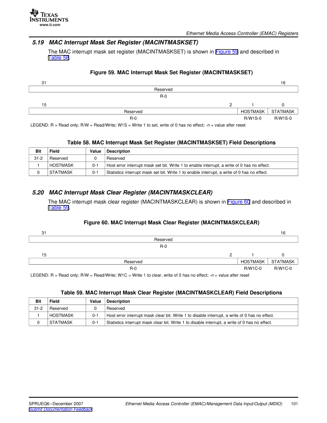 Texas Instruments TMS320DM646x manual MAC Interrupt Mask Set Register Macintmaskset, Hostmask Statmask 