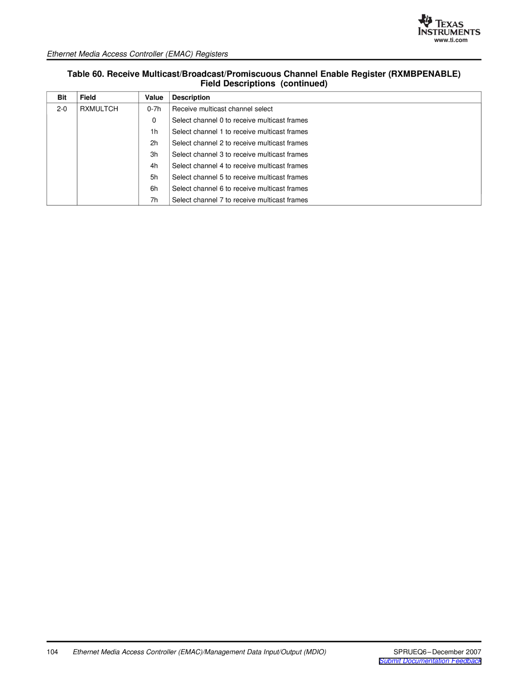 Texas Instruments TMS320DM646x manual 104 