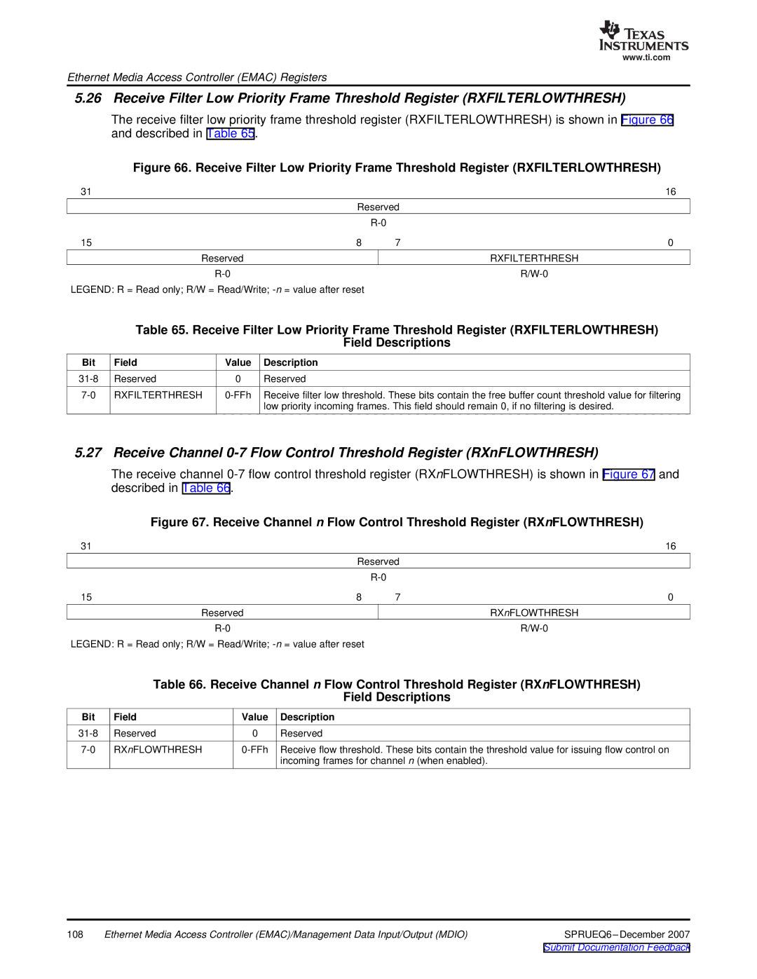 Texas Instruments TMS320DM646x manual Rxfilterthresh, Reserved RX nFLOWTHRESH FFh 