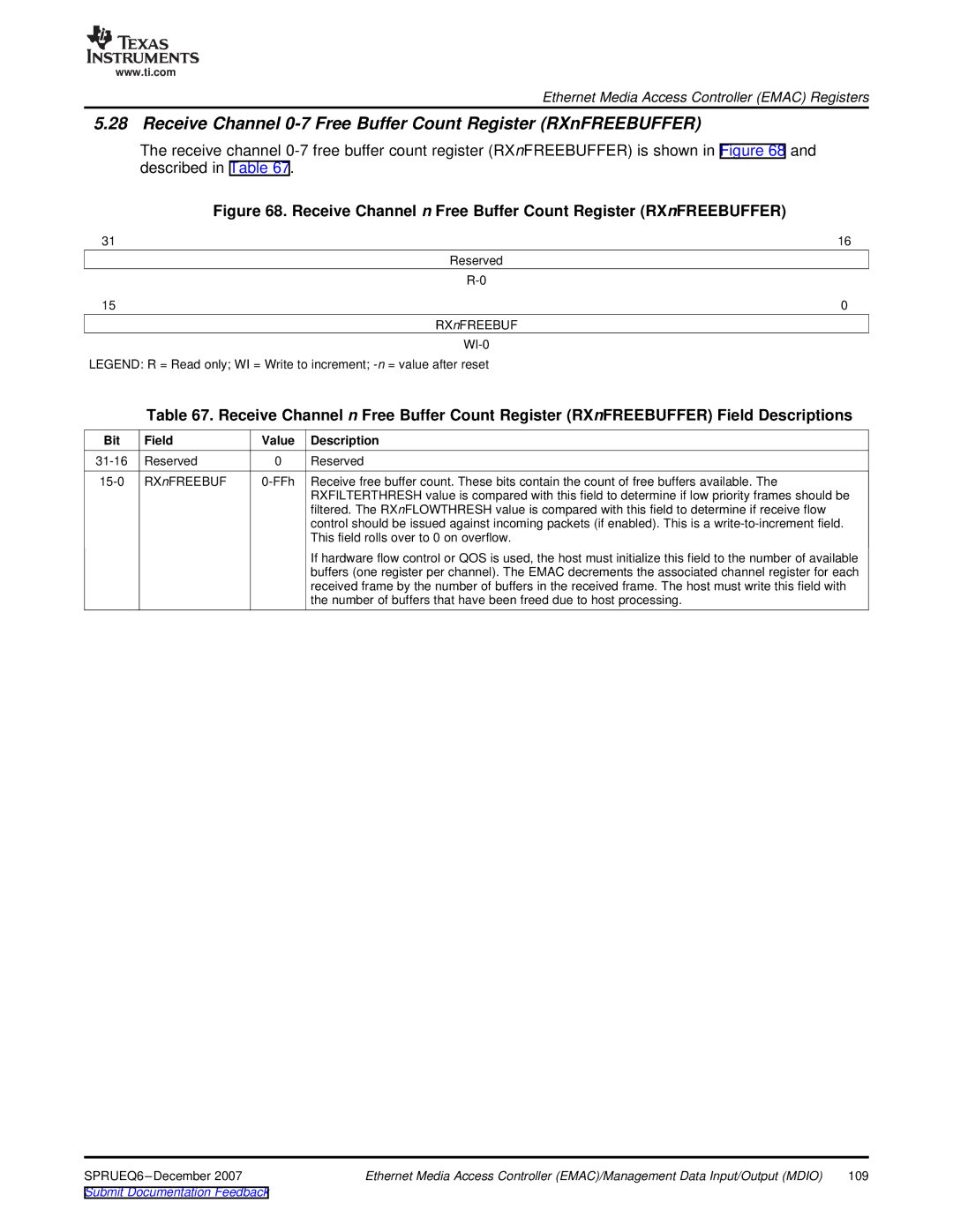 Texas Instruments TMS320DM646x manual Receive Channel 0-7 Free Buffer Count Register RXnFREEBUFFER 