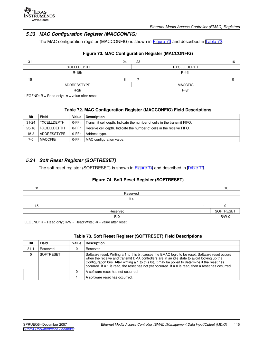 Texas Instruments TMS320DM646x manual MAC Configuration Register Macconfig, Soft Reset Register Softreset 