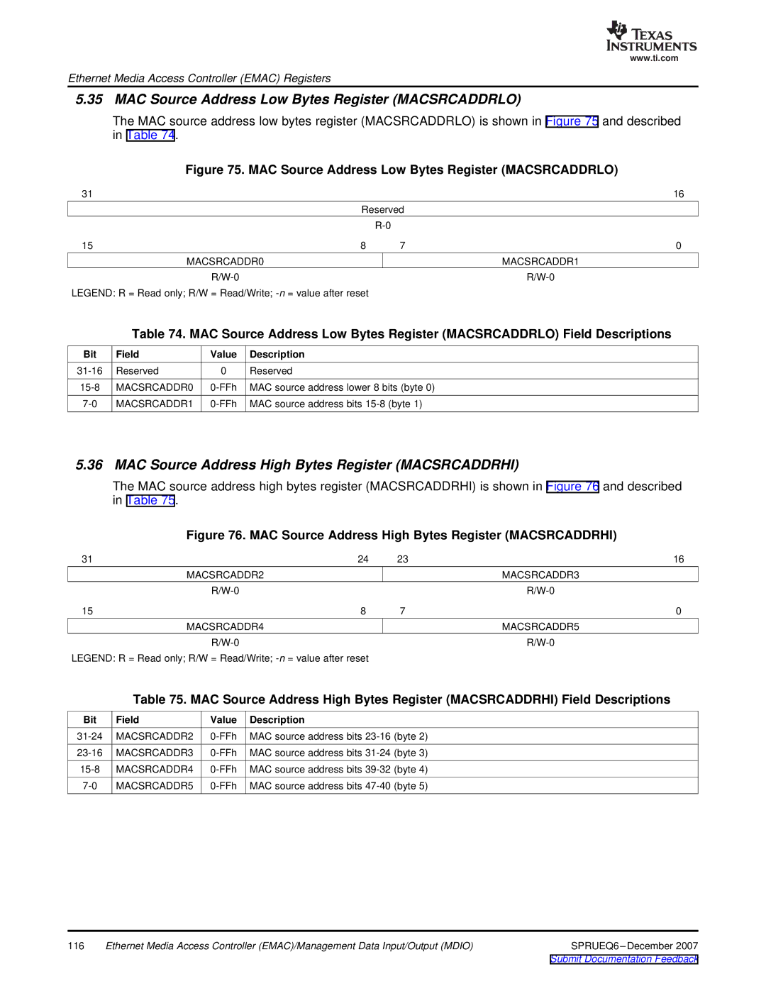 Texas Instruments TMS320DM646x manual MAC Source Address Low Bytes Register Macsrcaddrlo 