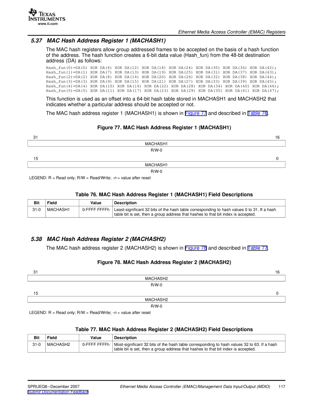 Texas Instruments TMS320DM646x manual MAC Hash Address Register 1 MACHASH1, MAC Hash Address Register 2 MACHASH2 