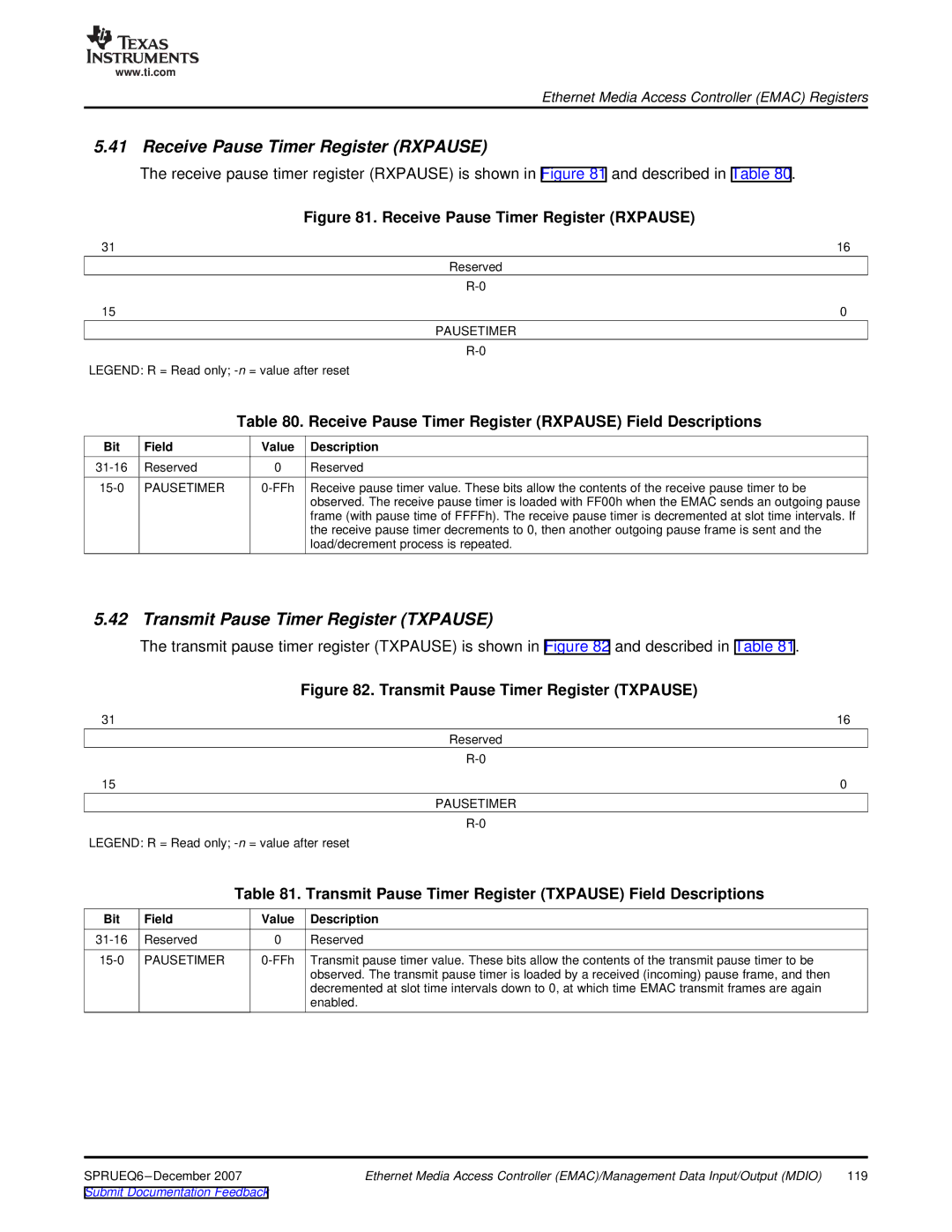 Texas Instruments TMS320DM646x Receive Pause Timer Register Rxpause, Transmit Pause Timer Register Txpause, Pausetimer 