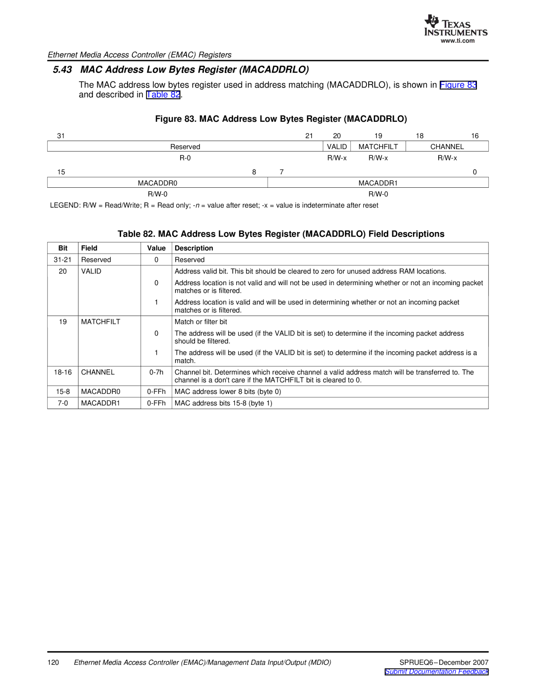 Texas Instruments TMS320DM646x manual MAC Address Low Bytes Register Macaddrlo, Valid Matchfilt Channel MACADDR0 MACADDR1 