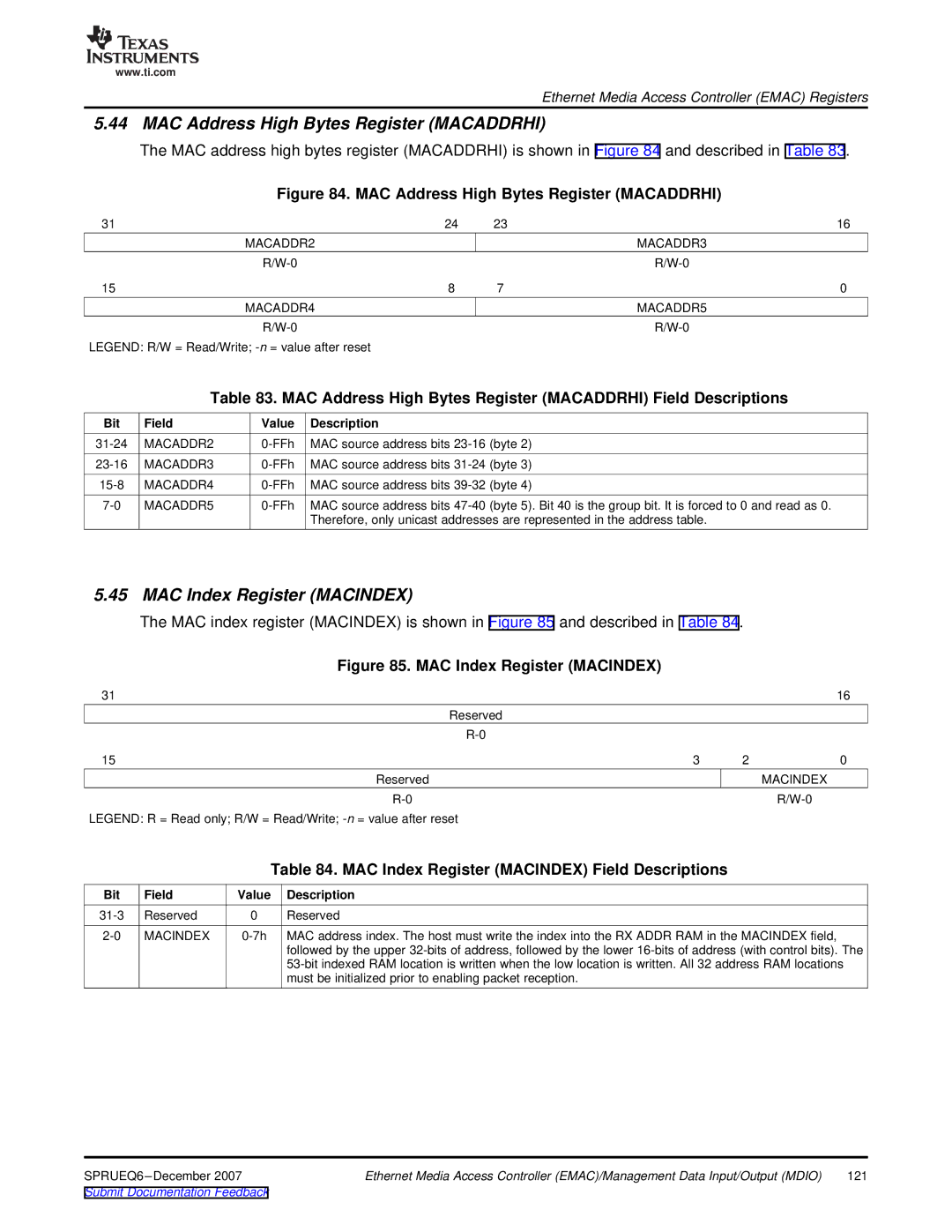 Texas Instruments TMS320DM646x manual MAC Address High Bytes Register Macaddrhi, MAC Index Register Macindex, MACADDR2 