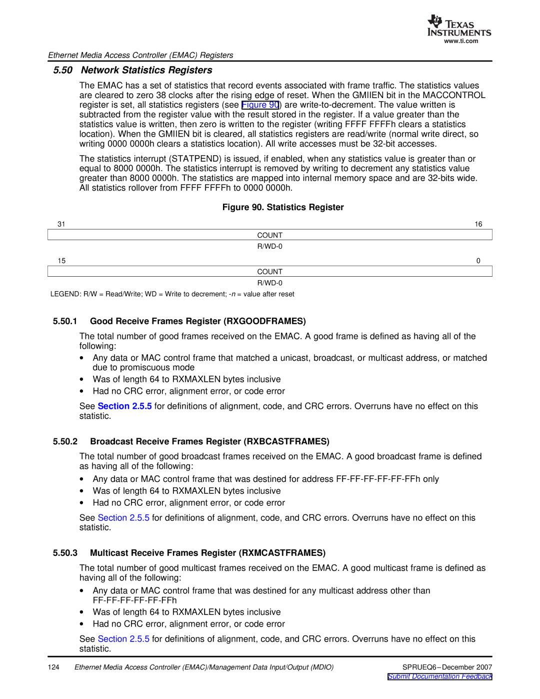 Texas Instruments TMS320DM646x manual Network Statistics Registers, Good Receive Frames Register Rxgoodframes, Count 