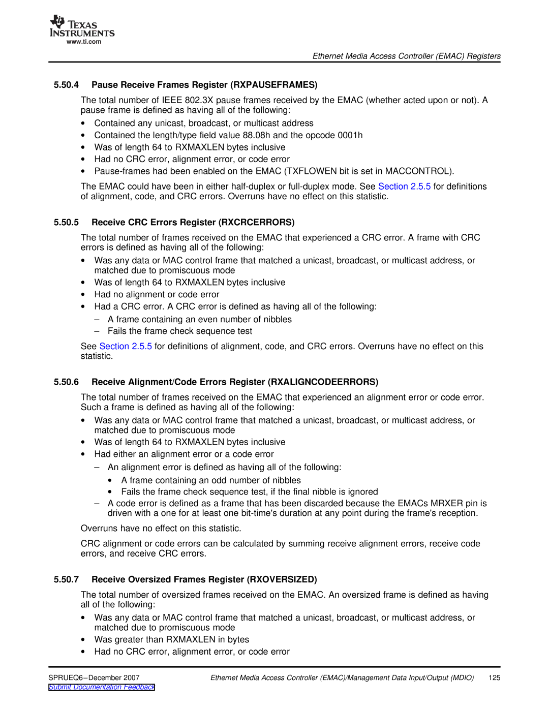 Texas Instruments TMS320DM646x manual Pause Receive Frames Register Rxpauseframes, Receive CRC Errors Register Rxcrcerrors 