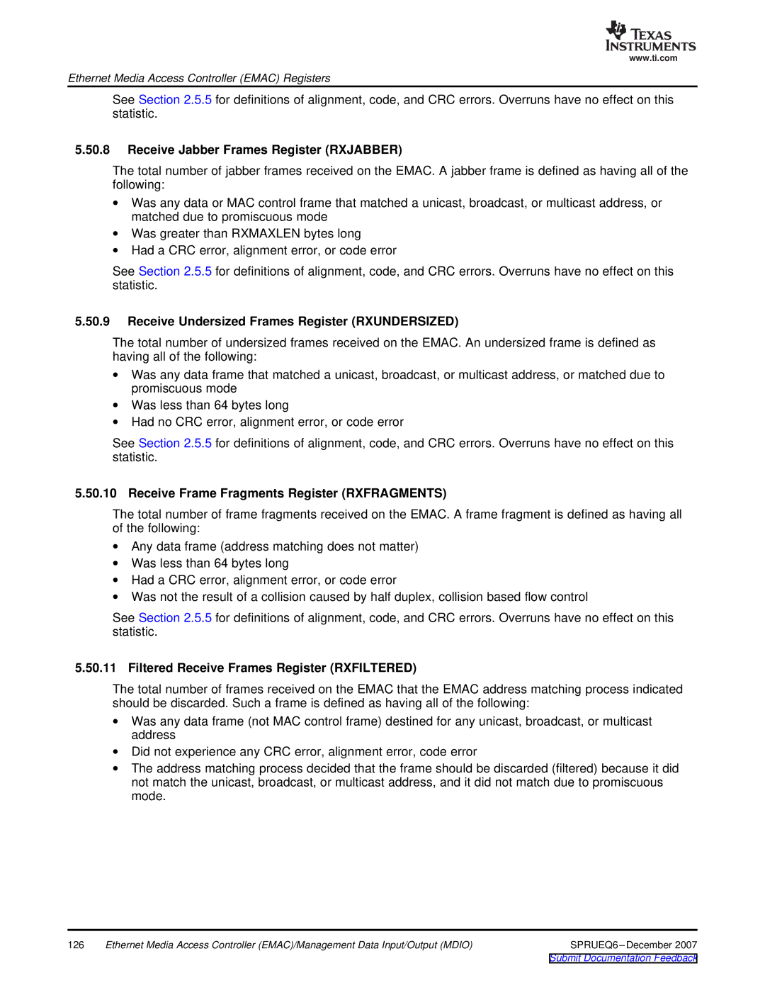 Texas Instruments TMS320DM646x Receive Jabber Frames Register Rxjabber, Receive Undersized Frames Register Rxundersized 