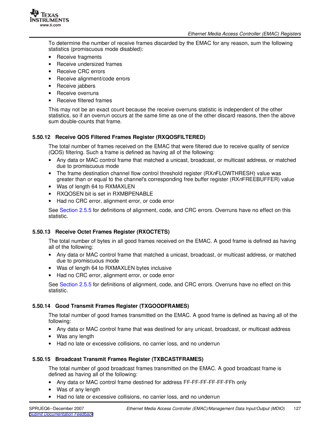Texas Instruments TMS320DM646x Receive QOS Filtered Frames Register Rxqosfiltered, Receive Octet Frames Register Rxoctets 