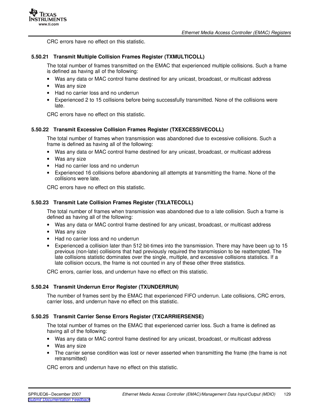 Texas Instruments TMS320DM646x manual Transmit Multiple Collision Frames Register Txmulticoll 