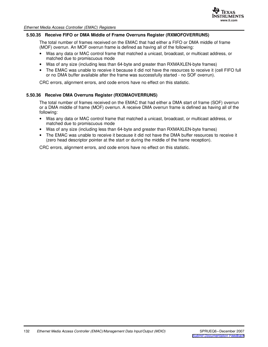 Texas Instruments TMS320DM646x manual Receive DMA Overruns Register Rxdmaoverruns 