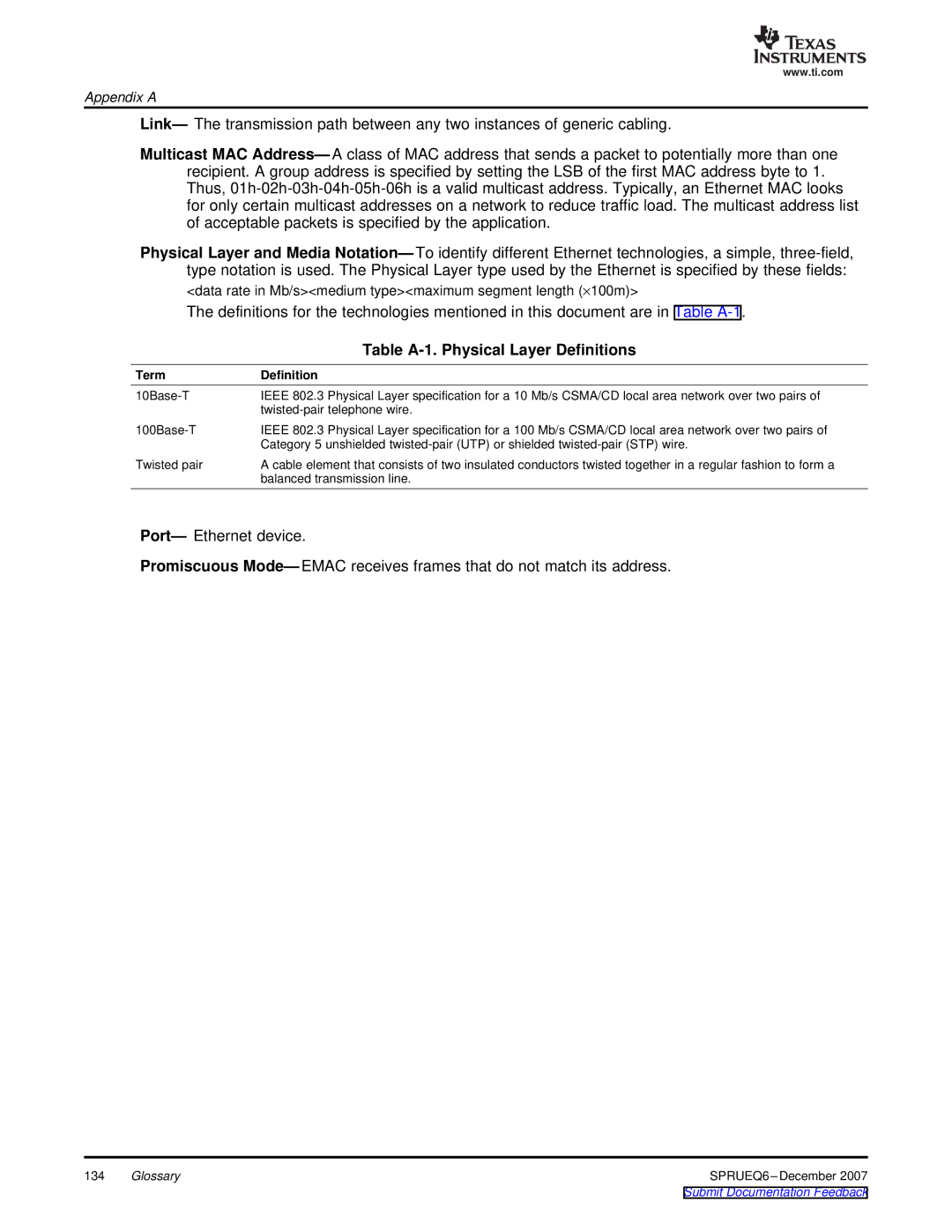 Texas Instruments TMS320DM646x manual Table A-1. Physical Layer Definitions, Term Definition 