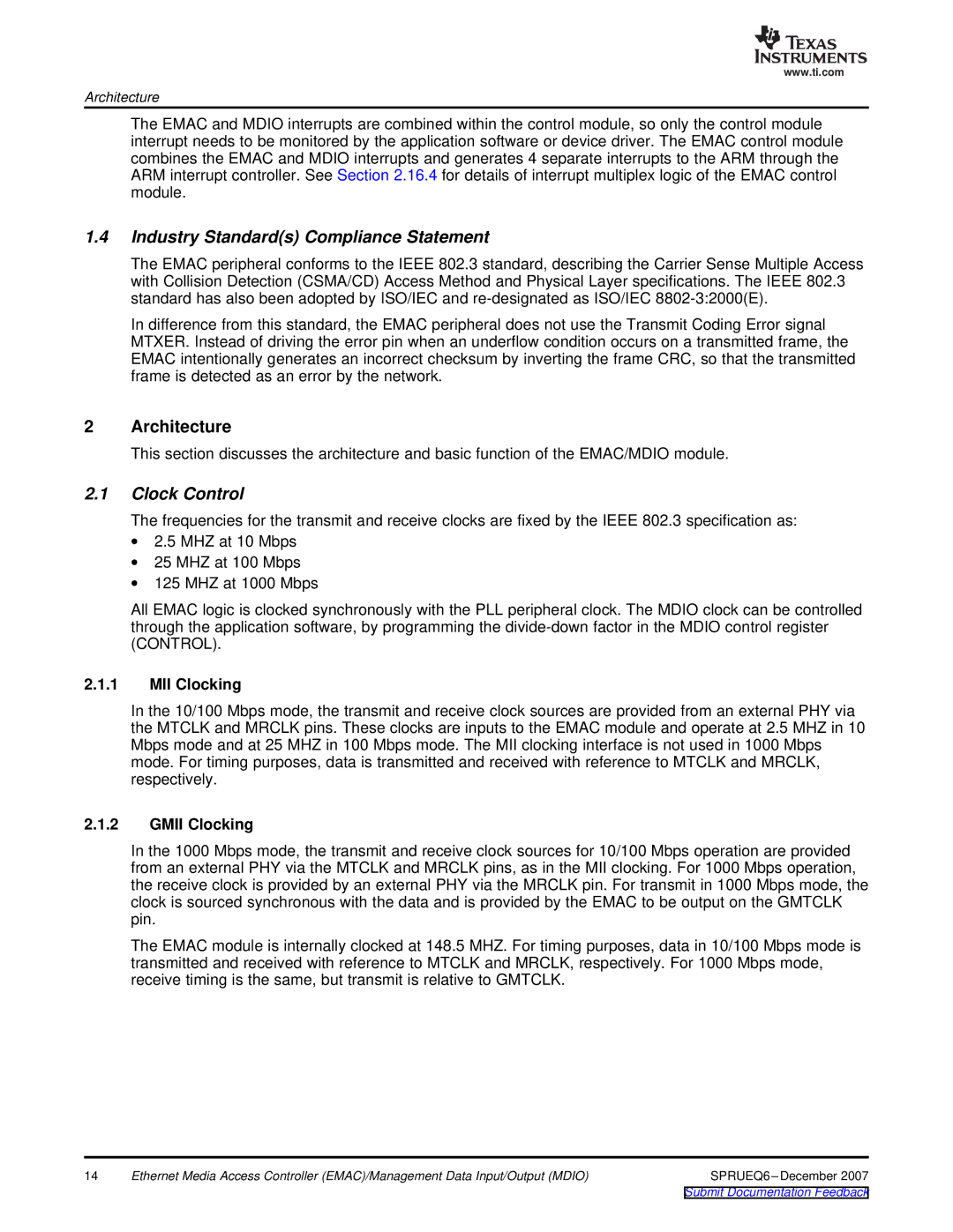 Texas Instruments TMS320DM646x manual Industry Standards Compliance Statement, Clock Control, MII Clocking, Gmii Clocking 