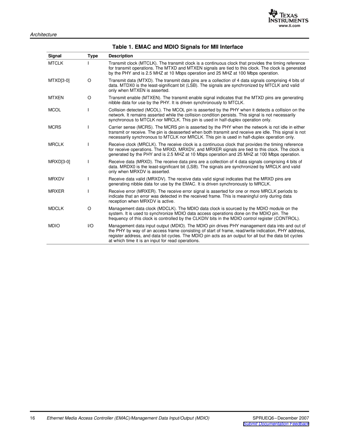 Texas Instruments TMS320DM646x manual Emac and Mdio Signals for MII Interface 