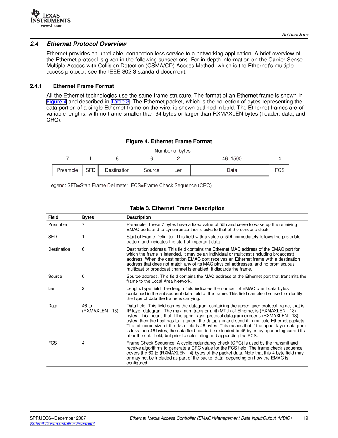 Texas Instruments TMS320DM646x manual Ethernet Protocol Overview, Ethernet Frame Format, Ethernet Frame Description 