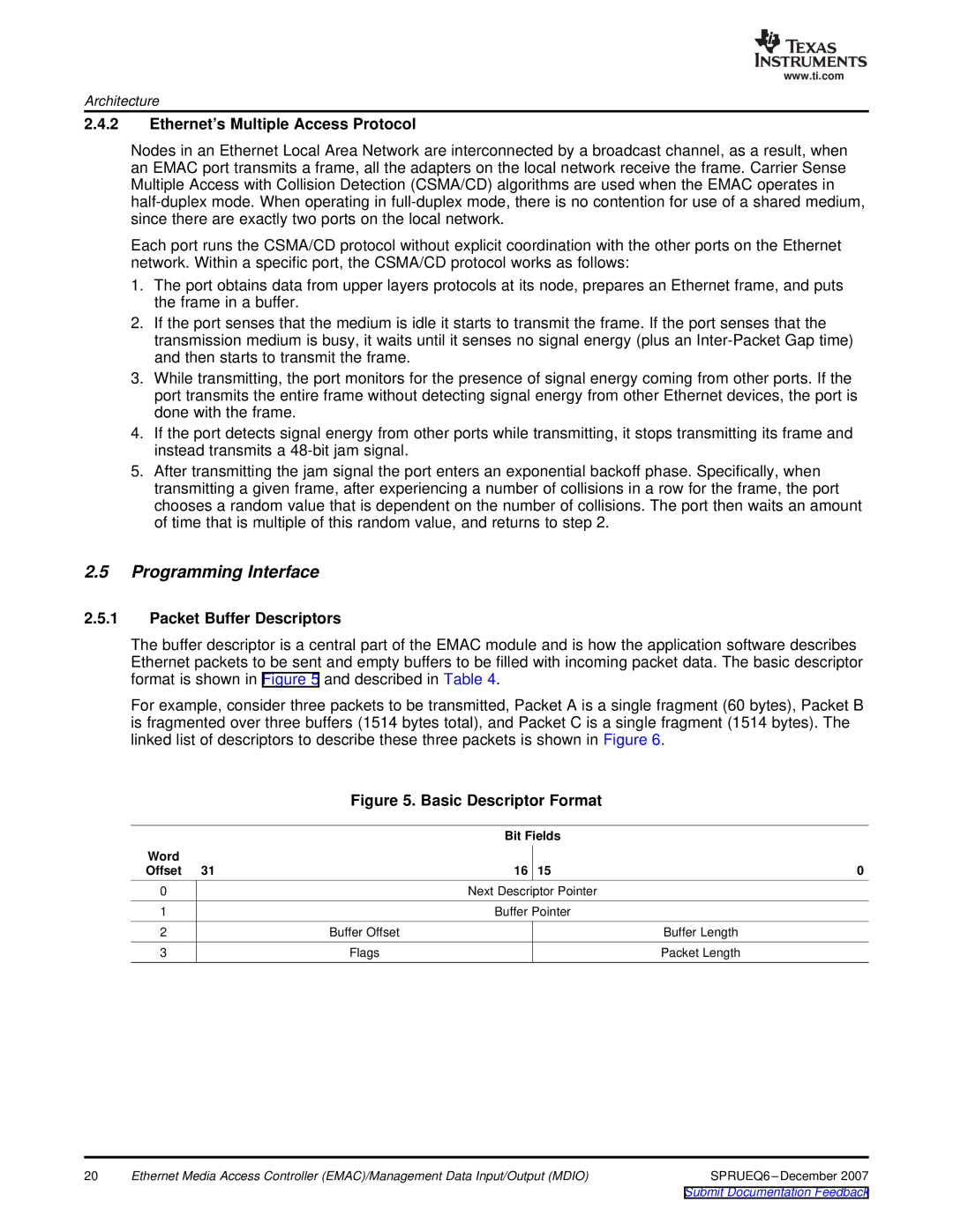 Texas Instruments TMS320DM646x manual Programming Interface, Ethernet’s Multiple Access Protocol, Packet Buffer Descriptors 