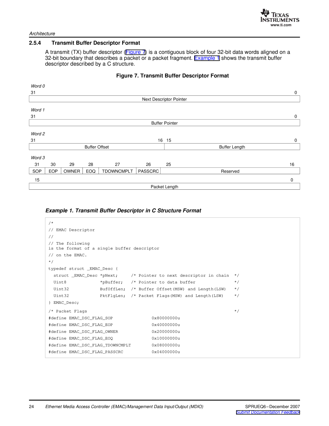 Texas Instruments TMS320DM646x manual Transmit Buffer Descriptor Format 