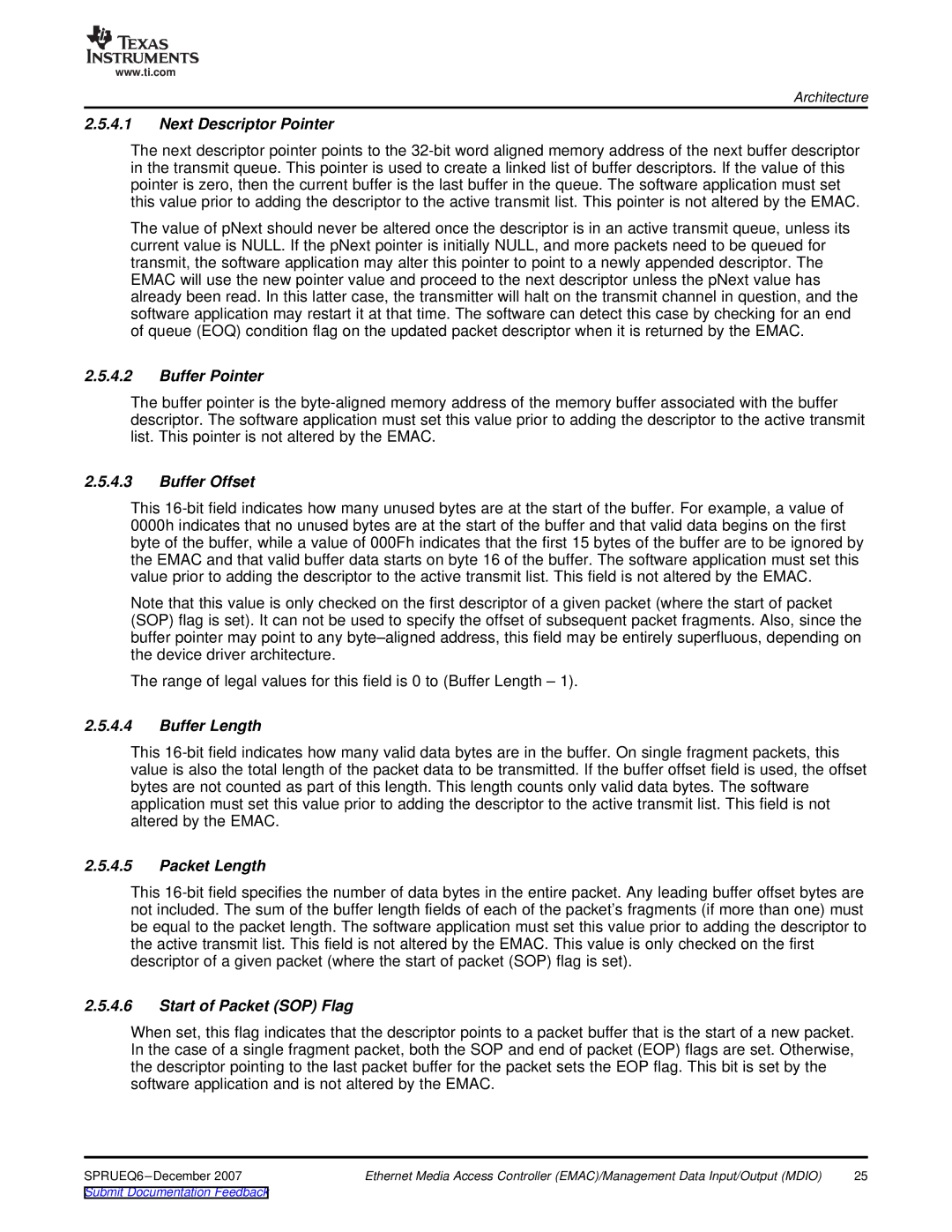 Texas Instruments TMS320DM646x manual Next Descriptor Pointer, Buffer Pointer, Buffer Offset, Buffer Length, Packet Length 