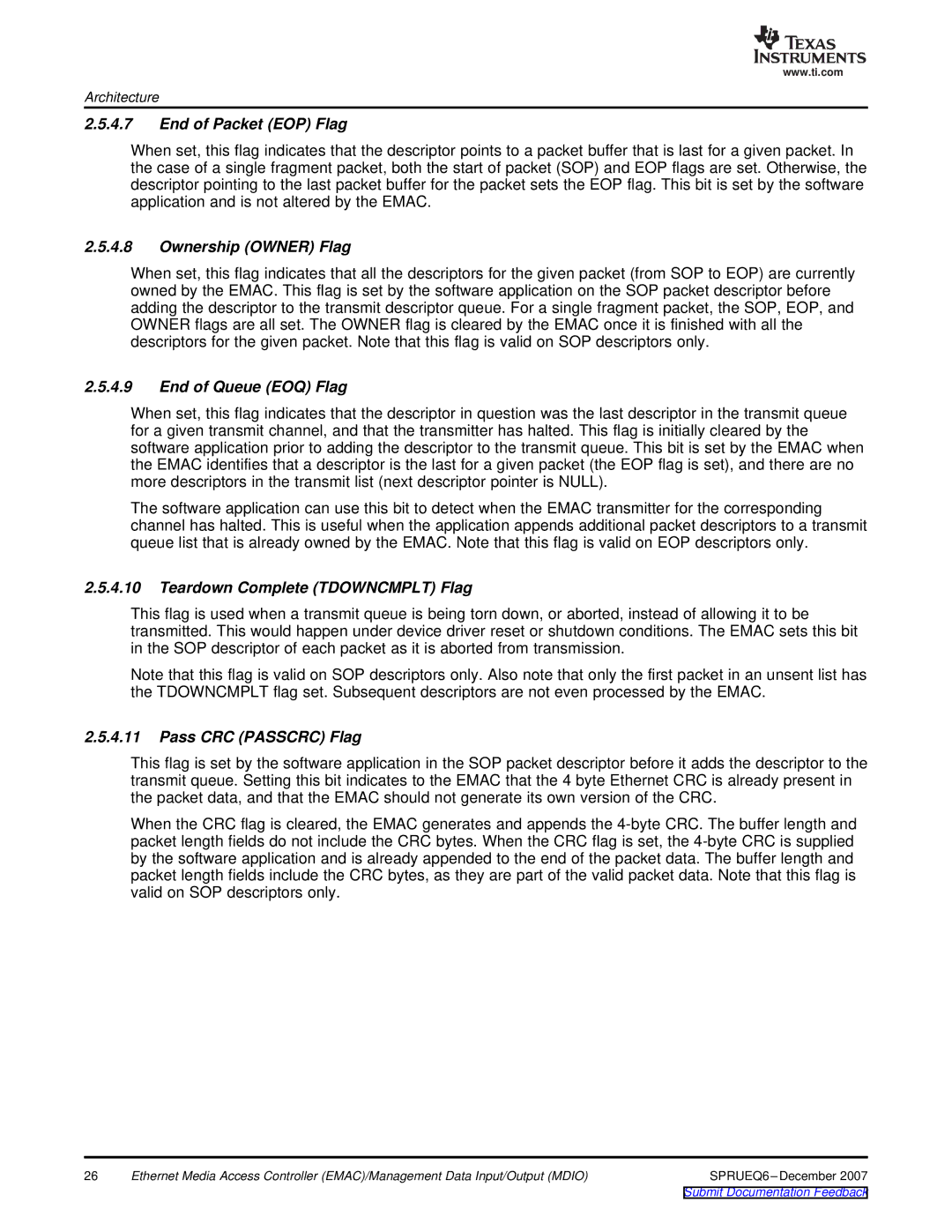 Texas Instruments TMS320DM646x End of Packet EOP Flag, Ownership Owner Flag, End of Queue EOQ Flag, Pass CRC Passcrc Flag 