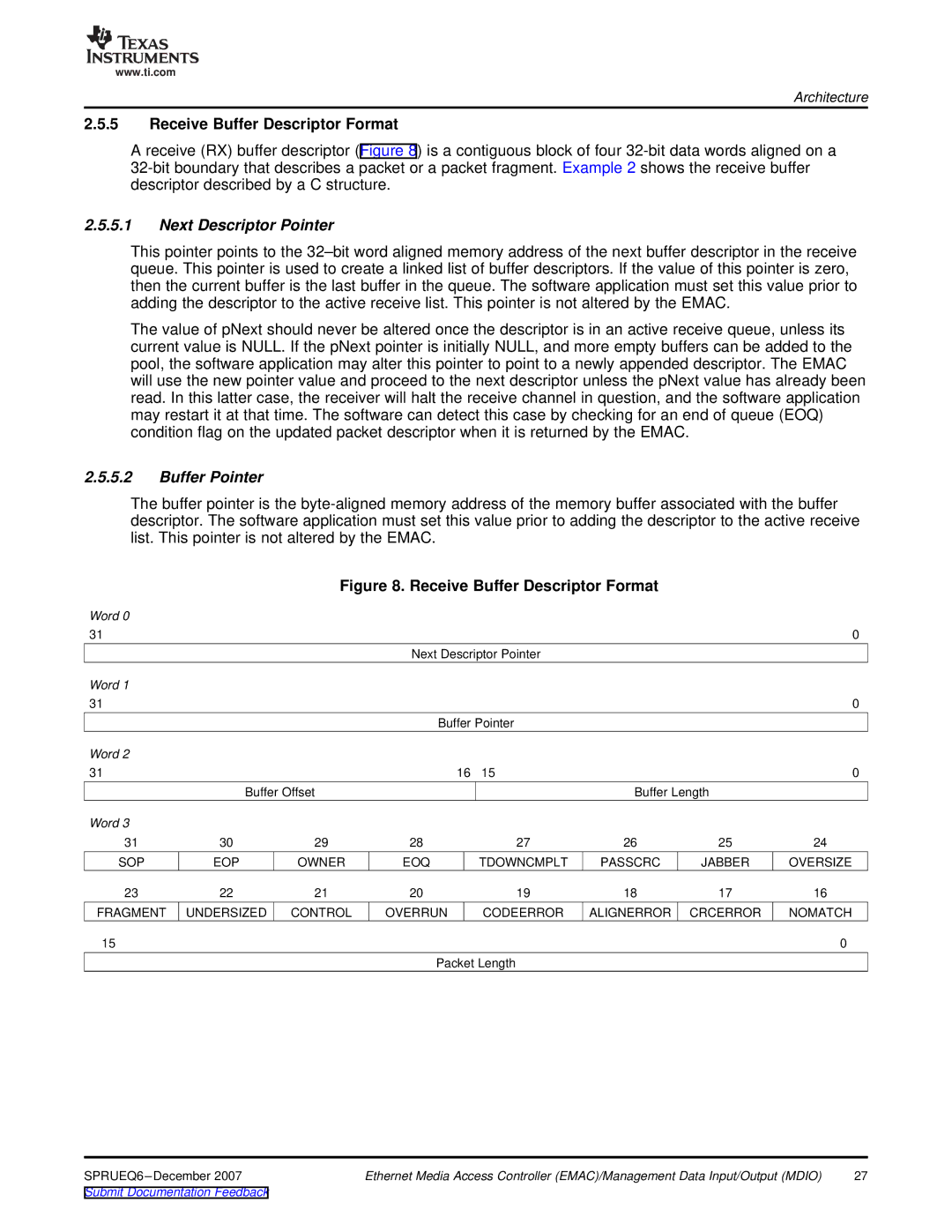 Texas Instruments TMS320DM646x manual Receive Buffer Descriptor Format 