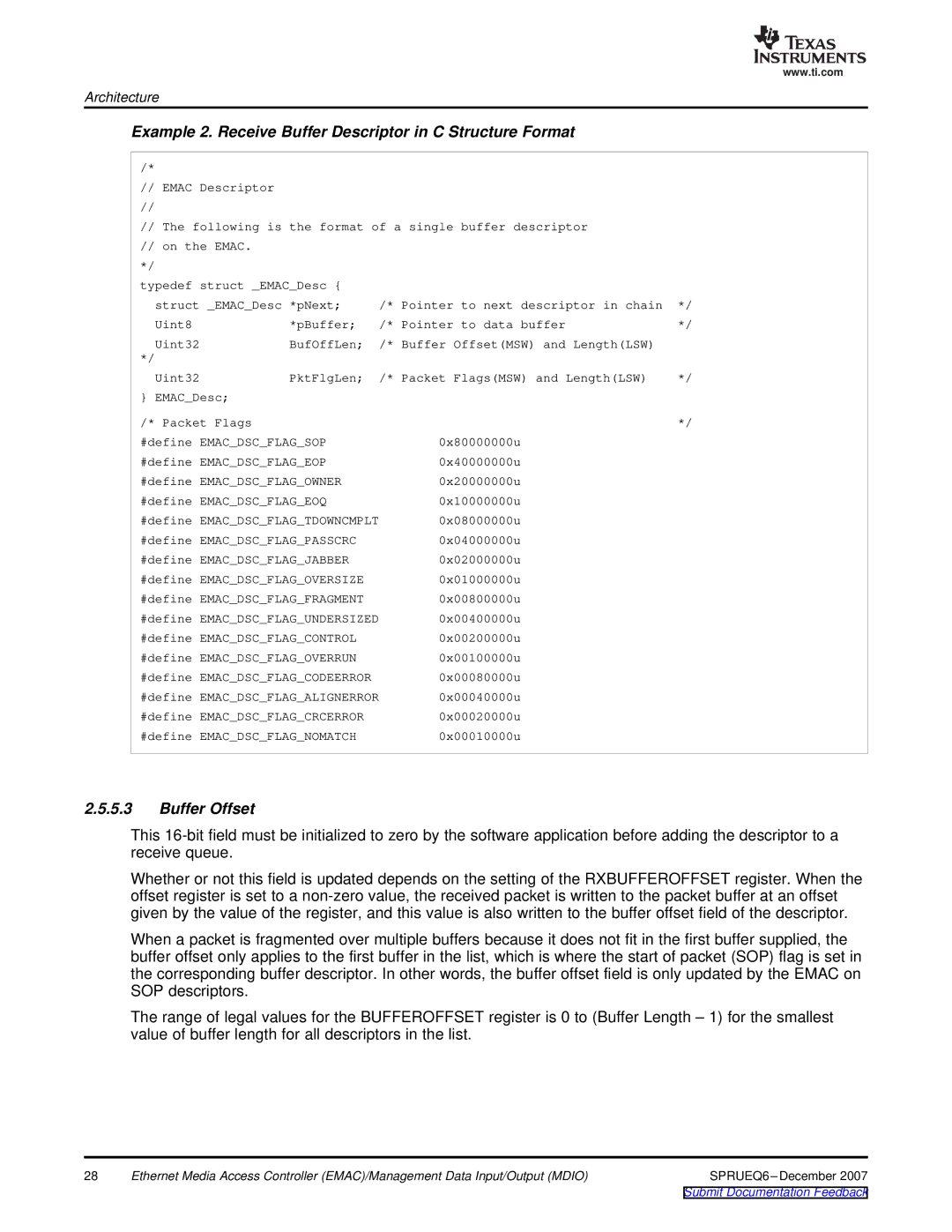 Texas Instruments TMS320DM646x manual Example 2. Receive Buffer Descriptor in C Structure Format, Buffer Offset 