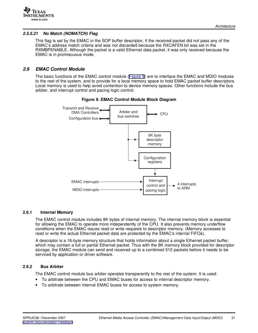 Texas Instruments TMS320DM646x manual Emac Control Module, No Match Nomatch Flag, Internal Memory, Bus Arbiter 