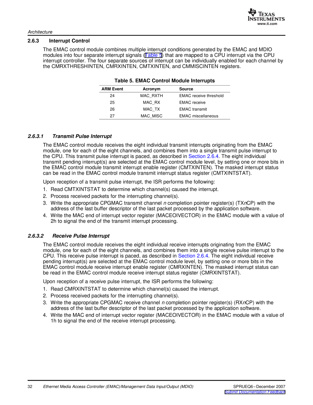 Texas Instruments TMS320DM646x manual Interrupt Control, Emac Control Module Interrupts, Transmit Pulse Interrupt 