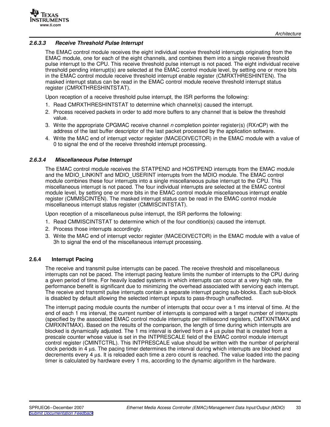 Texas Instruments TMS320DM646x manual Receive Threshold Pulse Interrupt, Miscellaneous Pulse Interrupt, Interrupt Pacing 