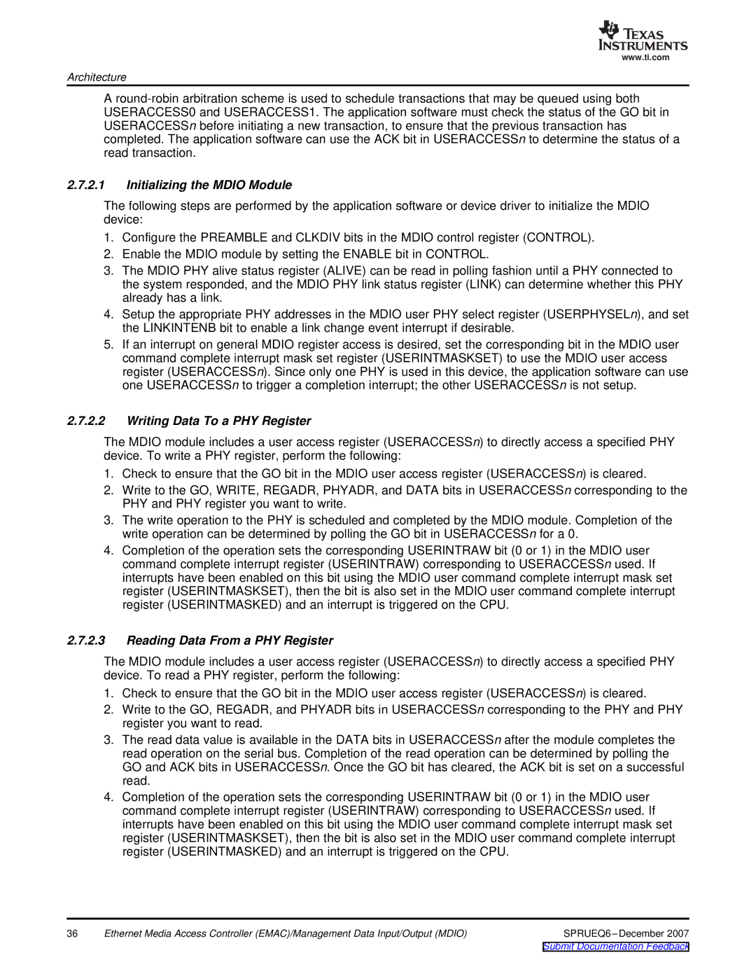 Texas Instruments TMS320DM646x manual Initializing the Mdio Module, Writing Data To a PHY Register 