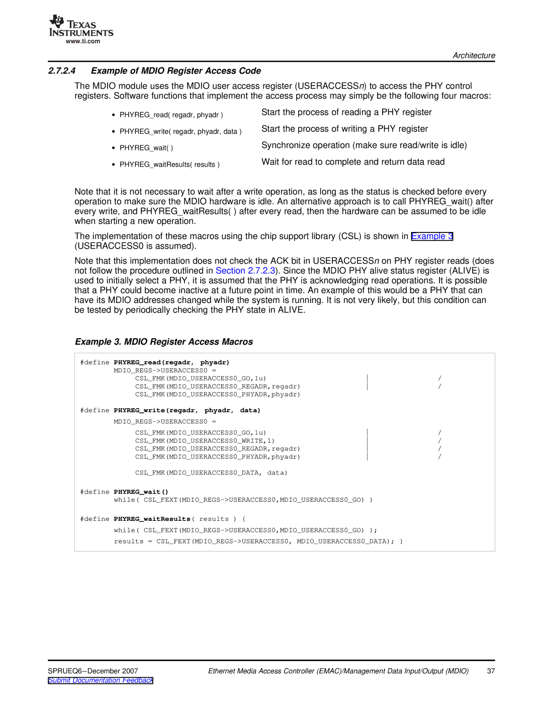 Texas Instruments TMS320DM646x manual Example of Mdio Register Access Code, Example 3. Mdio Register Access Macros 