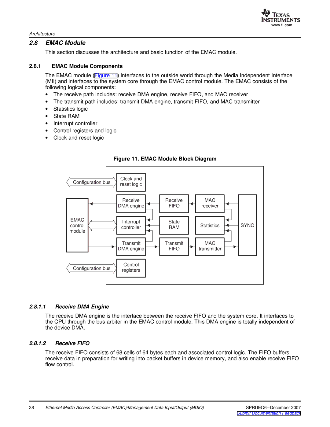 Texas Instruments TMS320DM646x manual Emac Module Components, Receive DMA Engine, Receive Fifo 