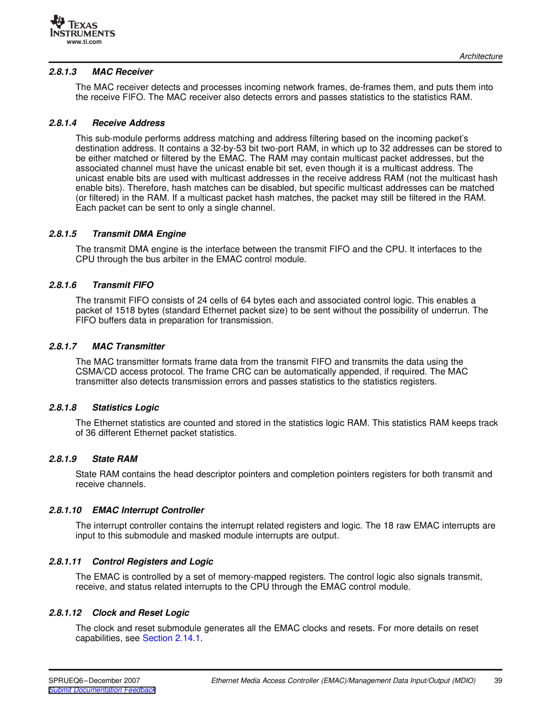 Texas Instruments TMS320DM646x manual MAC Receiver, Receive Address, Transmit DMA Engine, Transmit Fifo, MAC Transmitter 