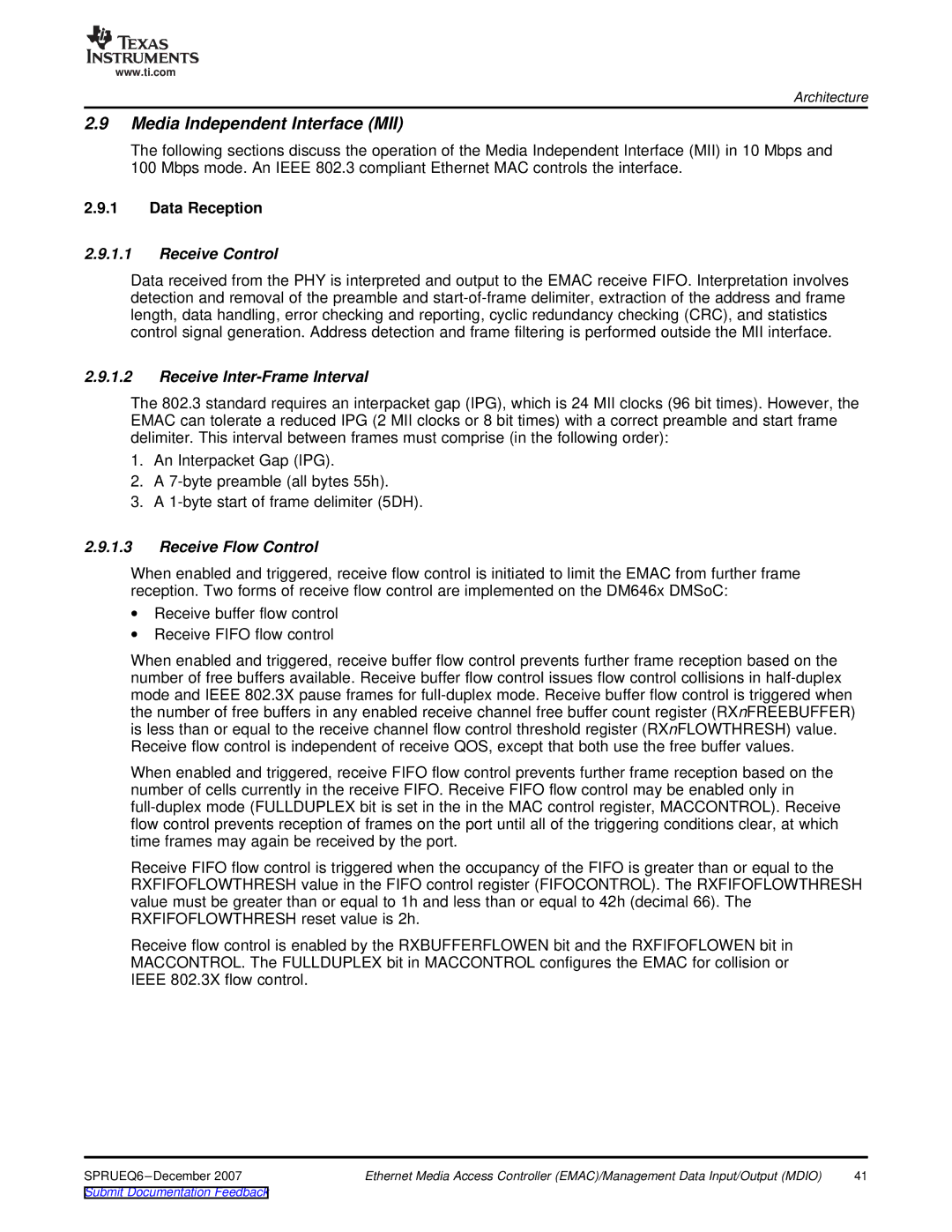 Texas Instruments TMS320DM646x Media Independent Interface MII, Data Reception, Receive Control, Receive Flow Control 