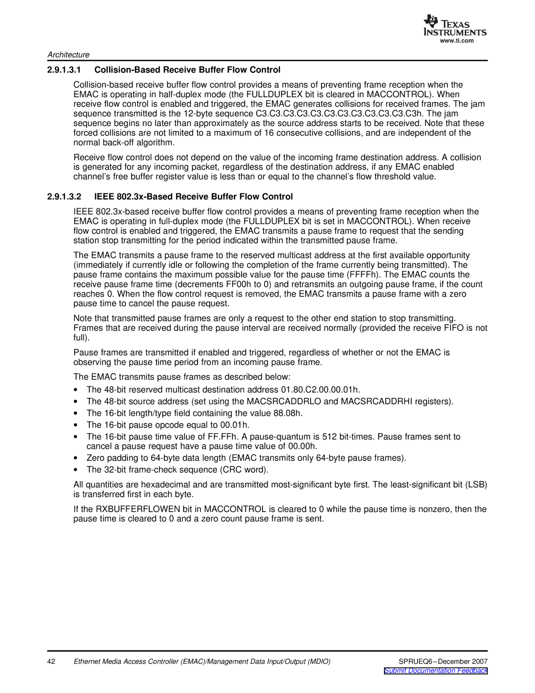 Texas Instruments TMS320DM646x Collision-Based Receive Buffer Flow Control, Ieee 802.3x-Based Receive Buffer Flow Control 